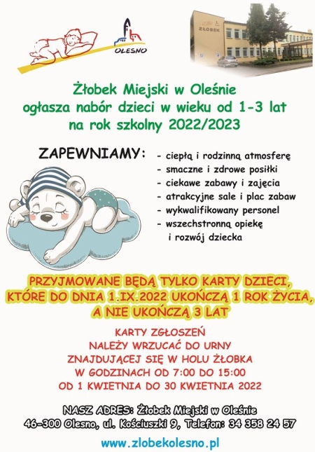 Rekrutacja do Żłobka na rok szkolny 2022/ 2023